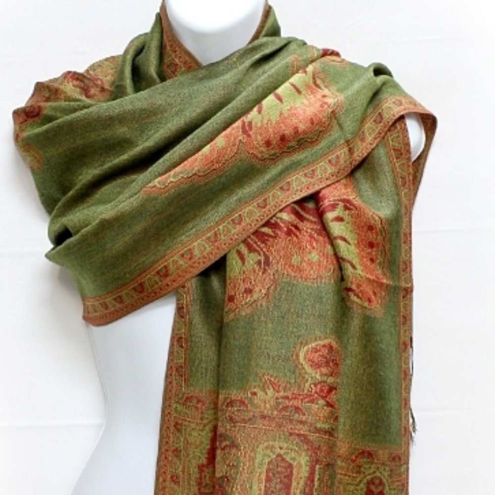 Reversible Butterfly Pashmina Green & Rust Fringed NIP 27"X65" 100% pashmina